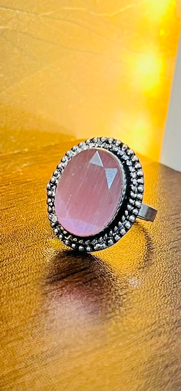 Oval Pink Gem Stone Silver Ring